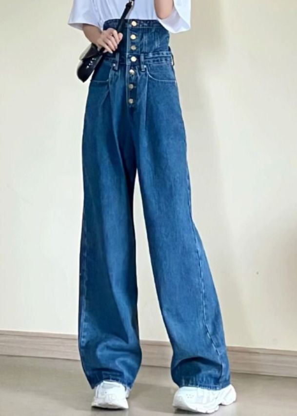 Women Blue High Waist Pockets Patchwork Straight Jeans Fall