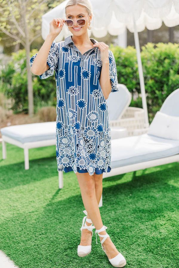 Sunlit Charm Navy Blue Embroidered Dress