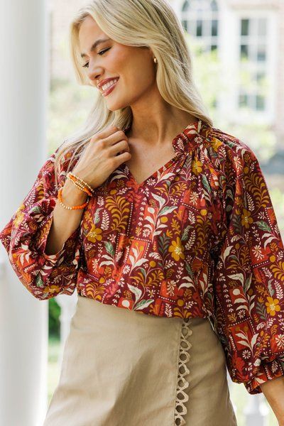 Burgundy Bouquet Long Sleeve Blouse