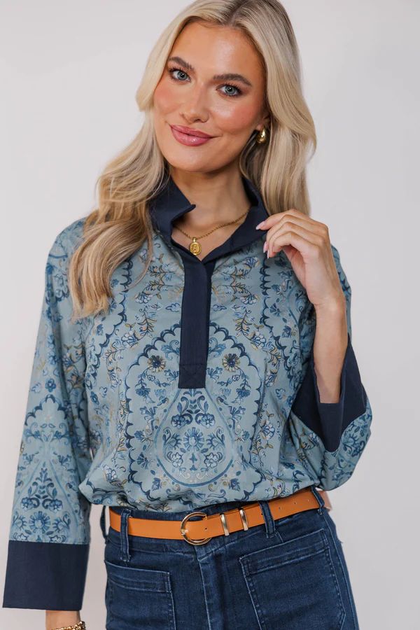 Sunday Brunch Blue Ditsy Floral Blouse
