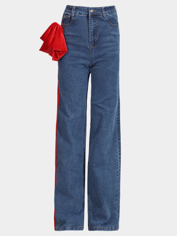 Chic Red Tied High Waist Buttoned Straight Jeans