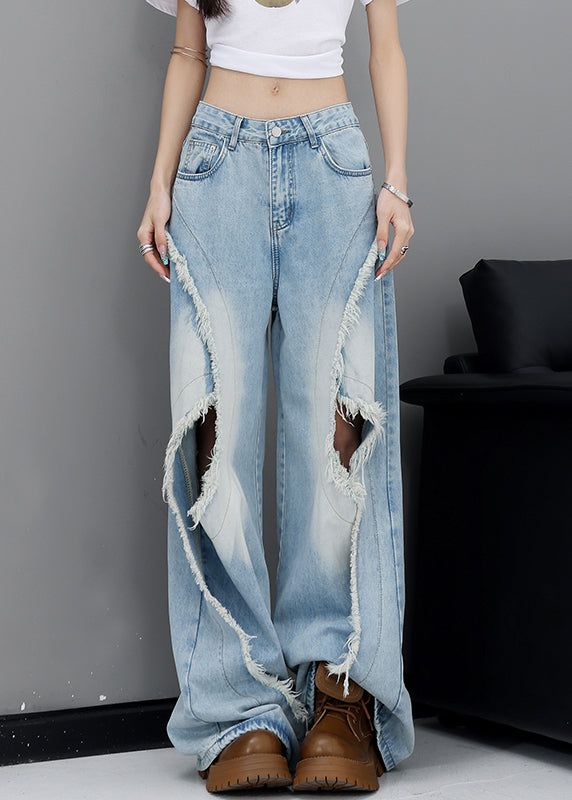 American Style Blue High Waist Ripped Jeans Fall