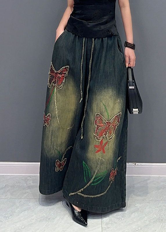 Vintage Floral Embroideried Pockets Wide Leg Jeans