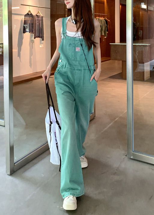 French Green Pockets High Waist Denim Jumpsuits Sleeveless