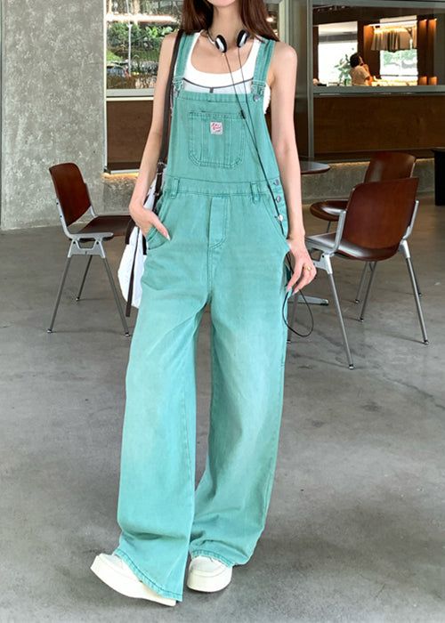 French Green Pockets High Waist Denim Jumpsuits Sleeveless