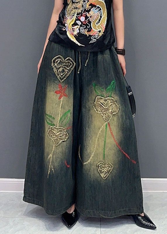 Vintage Floral Embroideried Pockets Wide Leg Jeans
