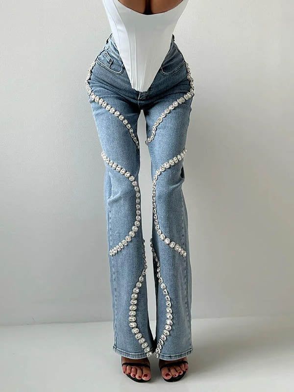 Design Blue High Waisted Zircon Decor Pockets Straight Jeans