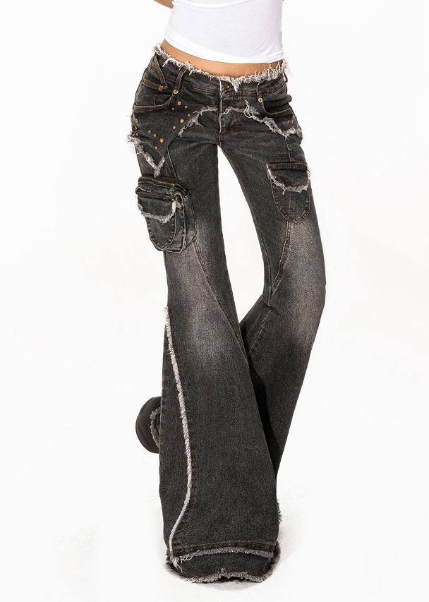 Retro Dark Grey High Waist Pockets Patchwork Jeans Summer