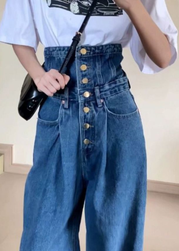 Women Blue High Waist Pockets Patchwork Straight Jeans Fall