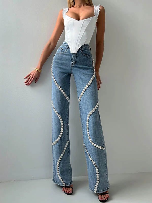 Design Blue High Waisted Zircon Decor Pockets Straight Jeans
