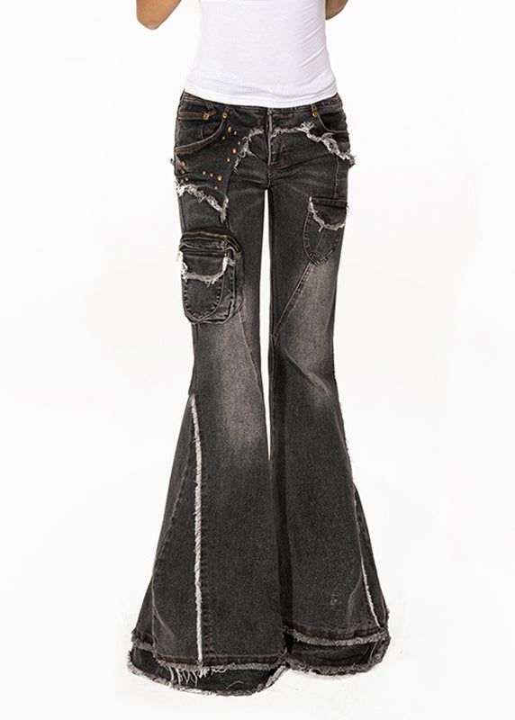 Retro Dark Grey High Waist Pockets Patchwork Jeans Summer