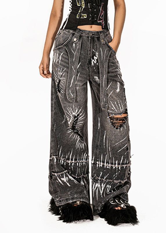 Loose Dark Grey Pockets Tie Dye Hole High Waist Wide Leg Jeans