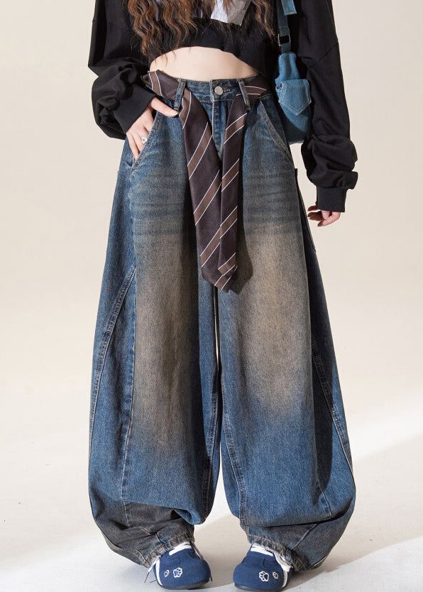 Vintage Dark Blue High Waist Pockets Wide Leg Jeans Fall