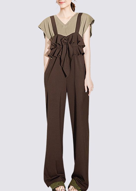 Loose Brown Ruffled Patchwork Solid Suspender Jumpsuits Sleeveles